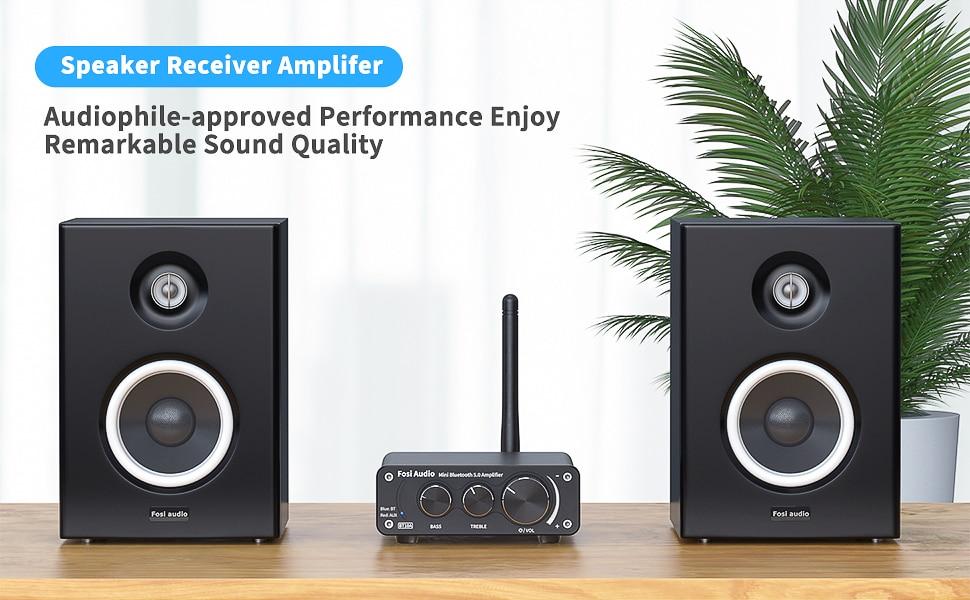 Bluetooth 2 Channel Sound Power Stereo Amplifier with treble and bass controls, compact design, and Bluetooth 5.0 connectivity.